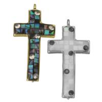 Brass Pendant, with Shell & Abalone Shell, Cross, plated, different materials for choice & micro pave cubic zirconia & epoxy gel & 1/1 loop, 13x25.50x3mm, Hole:Approx 1.5mm, 10PCs/Lot, Sold By Lot
