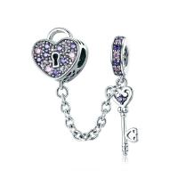 Thailand Sterling Silver European Pendant, heart and key, micro pave cubic zirconia & without troll, 14x11mm, 32mm, Sold By PC