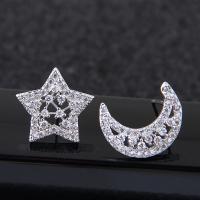 Brass Asymmetric Stud Earrings, Moon and Star, platinum plated, micro pave cubic zirconia & for woman, nickel, lead & cadmium free, 14x11mm, Sold By Pair