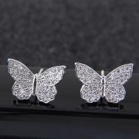 Brass Stud Earring Butterfly platinum plated micro pave cubic zirconia & for woman nickel lead & cadmium free Sold By Pair