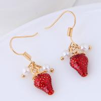 Messing Tropfen Ohrring, mit ABS-Kunststoff-Perlen, Erdbeere, vergoldet, für Frau & Emaille, frei von Nickel, Blei & Kadmium, 30x8mm, verkauft von Paar