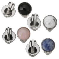 Mosaz Clip náušnice, s Drahokam, Flat Round, barva stříbrná á, různé materiály pro výběr & pro ženy, 14x16x12mm, 1Pair/Pair, Prodáno By Pair