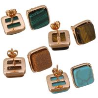 Brass Stud Earring, with Gemstone,  Square, rose gold color plated, different materials for choice & for woman, 12x12x17mm, 3Pairs/Lot, Sold By Lot