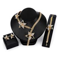 Zinc Alloy Jewelry Sets Stud Earring & bracelet & necklace with 1.37lnch 1.96lnch extender chain Flower gold color plated mesh chain & for woman & with rhinestone & hollow nickel lead & cadmium free  Length Approx 15.7 Inch Approx 6.5 Inch Sold By Set
