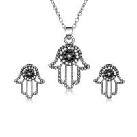 Tibetan Style Jewelry Sets, Stud Earring & necklace, with 1.97lnch extender chain, Hamsa, silver color plated, oval chain & micro pave cubic zirconia & for woman, nickel, lead & cadmium free, 19x28mm, 16x18mm, Length:Approx 15.6 Inch, Sold By Set