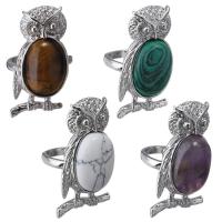 Brass Finger Ring, with Gemstone, Owl, silver color plated, different materials for choice & Unisex, 21x35mm, US Ring Size:8, Sold By PC