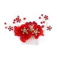 Bridal Decorative Hair Comb, Tibetan Style, with Silk Flower & ABS Plastic Pearl & Crystal, silver color plated, for bridal & faceted & with rhinestone, red, lead & cadmium free, 70x120mm, Sold By PC