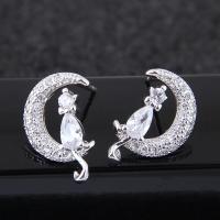 Brass Stud Earring Moon platinum plated for woman & with cubic zirconia nickel lead & cadmium free 10mm Sold By Pair