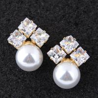 Brass Stud Earring with ABS Plastic Pearl real gold plated for woman & with cubic zirconia nickel lead & cadmium free Sold By Pair