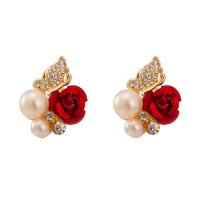 Tibetan Style Stud Earring, with Plastic Pearl, Rose, gold color plated, for woman & with rhinestone, nickel, lead & cadmium free, 17x27mm, Sold By Pair
