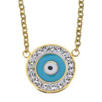 Stainless Steel Jewelry Necklace, with Rhinestone Clay Pave, with 2Inch extender chain, Flat Round, gold color plated, evil eye pattern & oval chain & for woman & enamel, 17x15mm, 2mm, Sold Per Approx 20 Inch Strand
