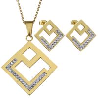 Rhinestone Stainless Steel Jewelry Set, earring & necklace, with Rhinestone Clay Pave, Rhombus, gold color plated, oval chain & for woman, 35x39mm, 1.5mm, 21x21mm, Length:Approx 17 Inch, Sold By Set