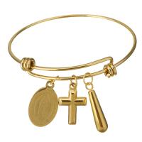 Bracelet en acier inoxydable, croix, Placage de couleur d'or, avec le motif de lettre & pour femme, 14x24mm, 6x25mm, 1.5mm, Diamètre intérieur:Environ 63mm, Vendu par PC