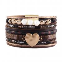 Cowhide Bracelet, with Resin Pearl & PU Leather & Tibetan Style, Heart, plated, for woman & with rhinestone & 2-strand, more colors for choice, 37mm, Sold Per Approx 7.7 Inch Strand