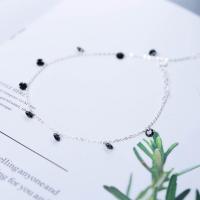 925 Sterling Silver Anklet with Obsidian with 1.18lnch extender chain platinum plated oval chain & for woman 4mm Sold Per 7.6 Inch Strand