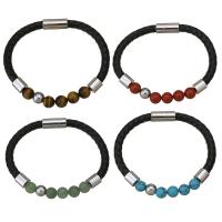 Stainless Steel Bracelet with PU Leather & Gemstone & Unisex original color 8mm 6mm Sold Per Approx 8 Inch Strand