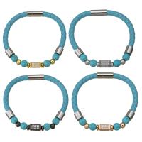 PU Leather Bracelet, with Turquoise & Brass, plated, Unisex & micro pave cubic zirconia, 12x6mm, 6mm, 18x8mm, Sold Per Approx 8.5 Inch Strand