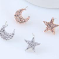 Brass Asymmetric Stud Earrings Moon and Star plated micro pave cubic zirconia & for woman nickel lead & cadmium free 12mm Sold By Pair