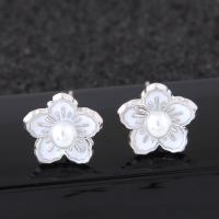 Brass Stud Earring with ABS Plastic Pearl Flower platinum plated for woman & enamel nickel lead & cadmium free 10mm Sold By Pair