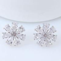 Brass Stud Earring Flower platinum plated for woman & with cubic zirconia nickel lead & cadmium free 13mm Sold By Pair