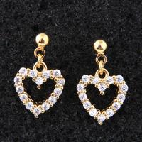 Brass Drop Earring Heart real gold plated for woman & with cubic zirconia nickel lead & cadmium free Sold By Pair
