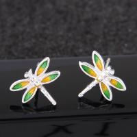Brass Stud Earring Dragonfly platinum plated for woman & enamel nickel lead & cadmium free 12mm Sold By Pair