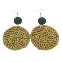 Rattan Drop Earring, with Wood, brass earring hook, Flat Round, woven pattern & for woman, 50x85x6mm, 10Pairs/Bag, Sold By Bag