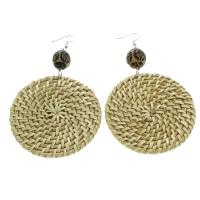 Rattan Drop Earring, with Wood, brass earring hook, Flat Round, woven pattern & for woman, 60x103x5mm, 10Pairs/Bag, Sold By Bag