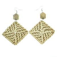 Rattan Drop Earring, with Wood, brass earring hook, Squaredelle, woven pattern & for woman, 52x80x13mm, 10Pairs/Bag, Sold By Bag