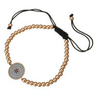 corde en nylon bracelet de Woven Ball, avec laiton, Plat rond, Plaqué de couleur d'or rose, unisexe & réglable & pavé de micro zircon, 19x15mm, 4mm, Vendu par Environ 6-10 pouce brin