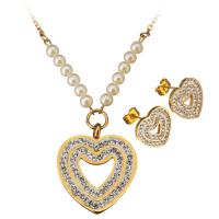 Stainless Steel Jewelry Set, Stud Earring & necklace, with Rhinestone Clay Pave & Glass Pearl, Heart, gold color plated, oval chain & for woman, 28x32mm, 5mm, 15x15mm, Length:Approx 22 Inch, Sold By Set