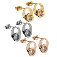 Stainless Steel Stud Earrings, Number, plated, for woman & with rhinestone, more colors for choice, 10x11x13mm, 3Pairs/Lot, Sold By Lot