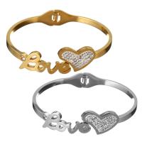 acier inoxydable bracelet ordinaire, avec argile, coeur, mot amour, Placage, pour femme, plus de couleurs à choisir, 20x14mm, 4mm, Diamètre intérieur:Environ 58x46mm, Vendu par PC