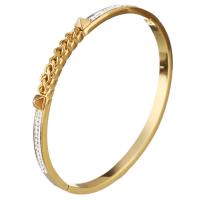Stainless Steel Bangle, with Rhinestone Clay Pave, gold color plated, chain texture & for woman, 5mm, Inner Diameter:Approx 59x49mm, Sold By PC