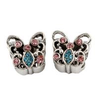 Tibetan Style European Beads, Butterfly, antique silver color plated, without troll & with rhinestone, lead & cadmium free, 13x11x10mm, Hole:Approx 5mm, 5PCs/Bag, Sold By Bag