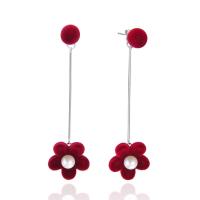 plata de ley 925 Dibujos animados partido pendiente, con Tela flocado & Shell Pearl, Flor, para mujer, 17.70x67.50mm, Vendido por Par