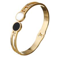 Stainless Steel Bangle with White Shell & Resin Flat Round gold color plated for woman & with rhinestone 8mm Inner Approx Sold By PC