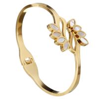 Stainless Steel Bangle, with White Shell, Leaf, gold color plated, for woman, 25mm, 5mm, Inner Diameter:Approx 62x46mm, Sold By PC