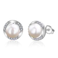 925 Sterling Silver Stud Earring with Freshwater Pearl natural & micro pave cubic zirconia & for woman Sold By Pair
