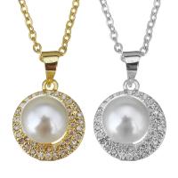 Stainless Steel Necklace, with brass bail & Glass Pearl, with 2Inch extender chain, plated, oval chain & micro pave cubic zirconia & for woman, more colors for choice, 12x14mm, 1.5mm, Sold Per Approx 17 Inch Strand