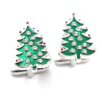 metal gemelos, Árbol de Navidad, chapado en platina real, unisexo & esmalte & con diamantes de imitación, verde, 22x16mm, Vendido por Par