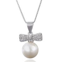 925 Sterling Silver Pendant, with Freshwater Pearl, Bowknot, natural, with cubic zirconia, 11.70x18.30mm, Hole:Approx 2-3mm, Sold By PC