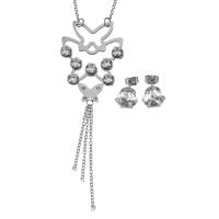 Conjuntos de joyería de acero inoxidable, pendiente & collar, cadena oval & para mujer & con diamantes de imitación, color original, 37x52mm, 2mm, 9mm, longitud aproximado 18 Inch, Vendido por Set