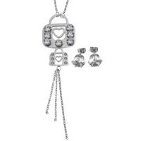Fashion Stainless Steel Jewelry Sets earring & necklace Lock oval chain & for woman & with rhinestone original color 2mm 9mm Length Approx 18 Inch Sold By Set