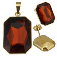 Stainless Steel Jewelry Set, pendant & earring, with Crystal, Rectangle, gold color plated, for woman & faceted, 19x30mm, 11.5x15.5mm, Hole:Approx 3.5x7mm, Sold By Set