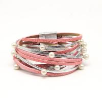 PU Leather Cord Bracelets with Plastic Pearl & Zinc Alloy silver color plated multilayer & folk style & Unisex nickel lead & cadmium free Sold Per Approx 15 Inch Strand