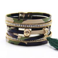 PU Leather Cord Bracelets, with Cotton Cord & Tibetan Style, Tassel, gold color plated, multilayer & folk style & anti-fatigue & with rhinestone, nickel, lead & cadmium free, 30mm, Sold Per Approx 7.5 Inch Strand