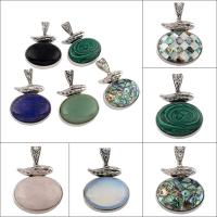 Gemstone Pendant, with Tibetan Style, Flat Oval, antique silver color plated, different materials for choice, 44x48x12mm, Hole:Approx 7x13mm, 10PCs/Bag, Sold By Bag