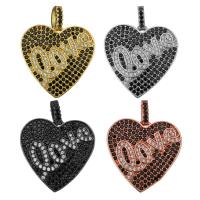 Messing hart hangers, woord liefde, plated, micro pave zirconia, meer kleuren voor de keuze, 22.50x23x2.50mm, Gat:Ca 2.5x4.5mm, Verkocht door PC