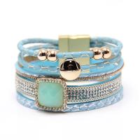 PU Leather Cord Bracelets with Crystal & Stainless Steel gold color plated multilayer & with rhinestone Sold Per Approx 7 Inch Strand